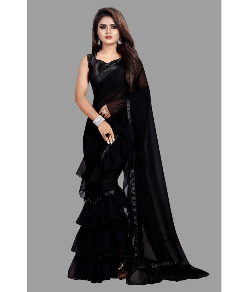     			Apnisha Georgette Solid Saree With Blouse Piece - Black ( Pack of 1 )