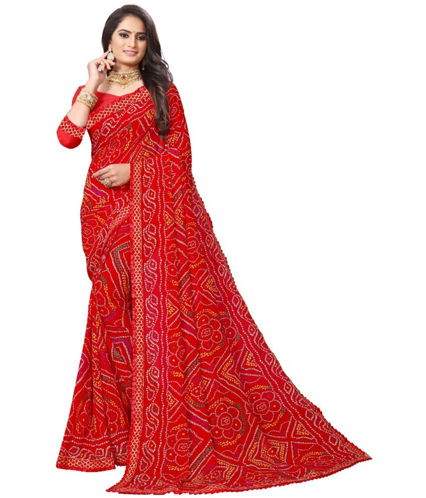     			Kanooda Prints Georgette Printed Saree With Blouse Piece - Red ( Pack of 1 )