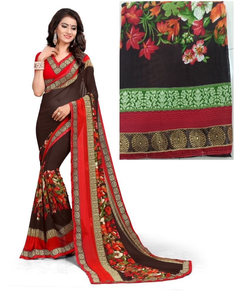     			Kanooda Prints Georgette Printed Saree With Blouse Piece - Brown ( Pack of 1 )