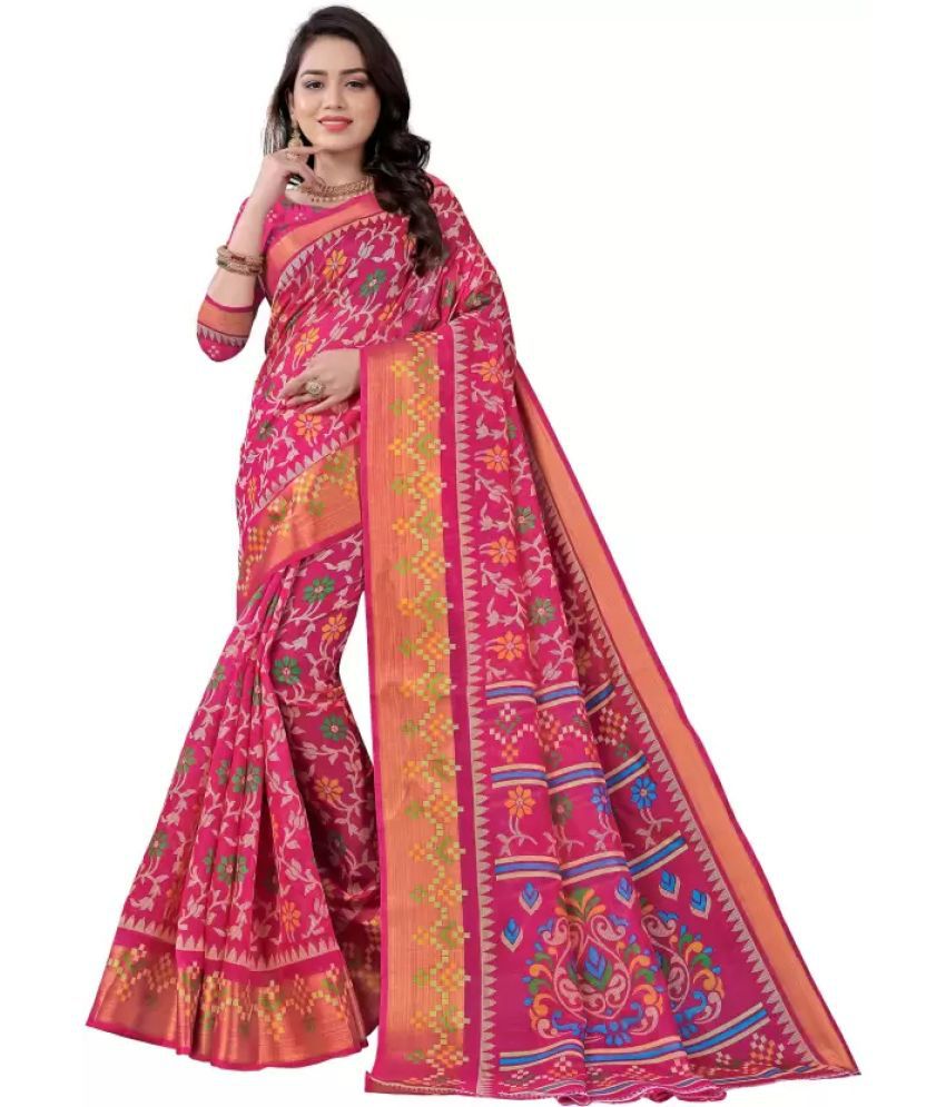     			Vkaran Cotton Silk Printed Saree With Blouse Piece - Pink ( Pack of 1 )