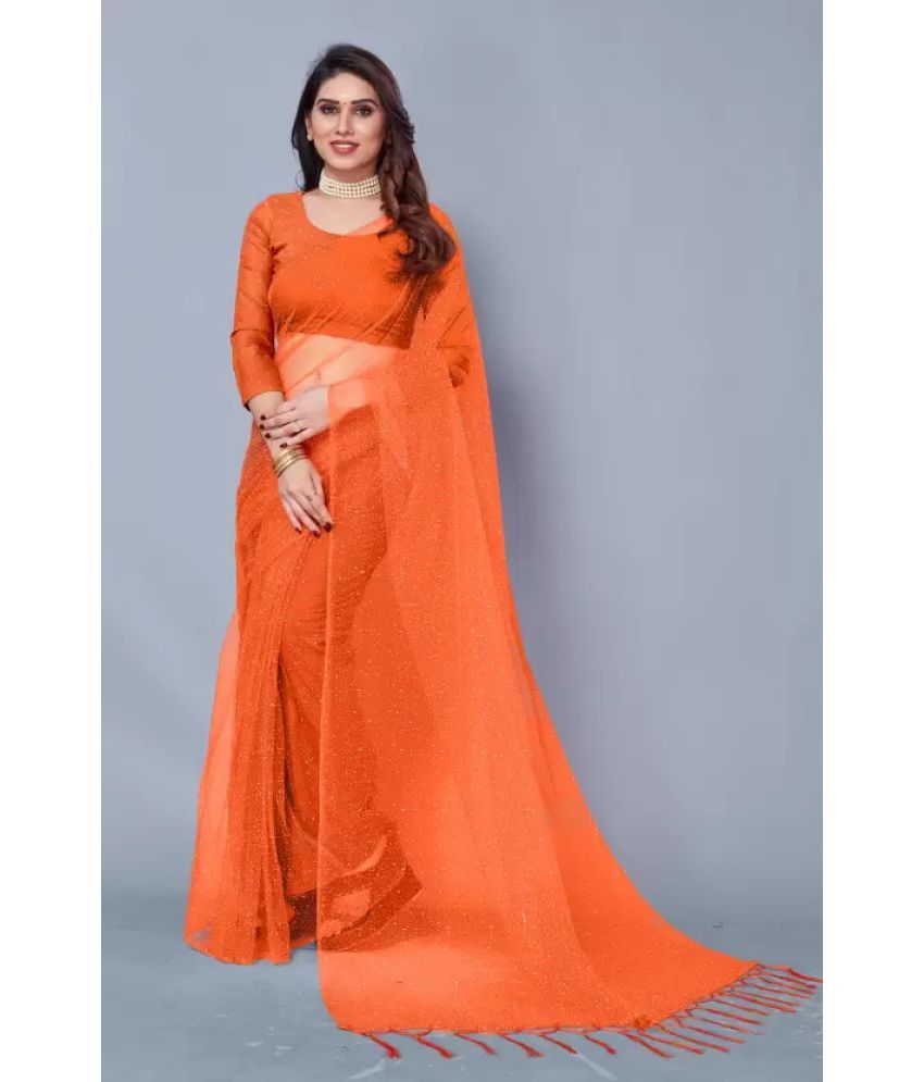     			Vkaran Net Solid Saree Without Blouse Piece - Orange ( Pack of 1 )