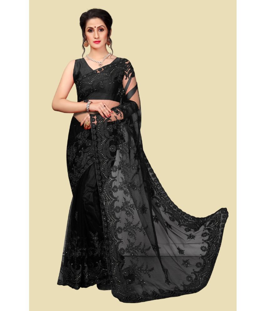     			A TO Z CART Net Embroidered Saree With Blouse Piece - Black ( Pack of 1 )
