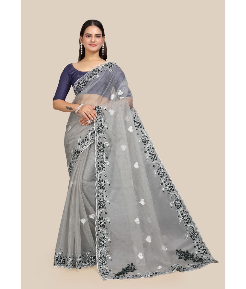     			A TO Z CART Net Embroidered Saree With Blouse Piece - Grey ( Pack of 1 )