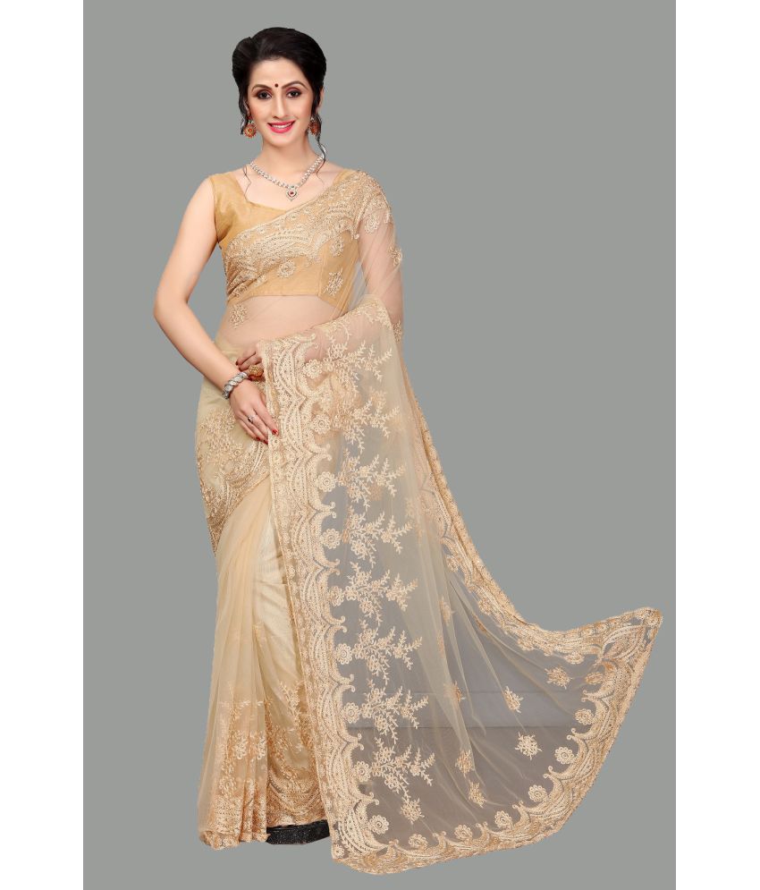     			Aika Net Embroidered Saree With Blouse Piece - Cream ( Pack of 1 )