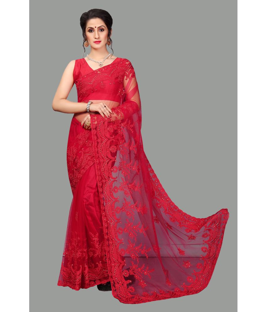     			JULEE Net Embroidered Saree With Blouse Piece - Red ( Pack of 1 )
