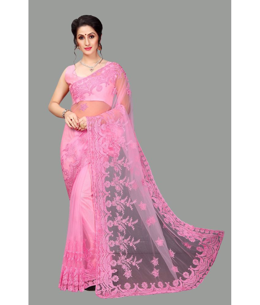     			JULEE Net Embroidered Saree With Blouse Piece - Pink ( Pack of 1 )