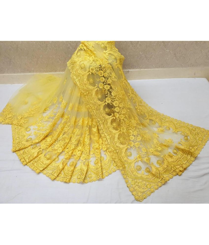     			JULEE Net Embroidered Saree With Blouse Piece - Yellow ( Pack of 1 )