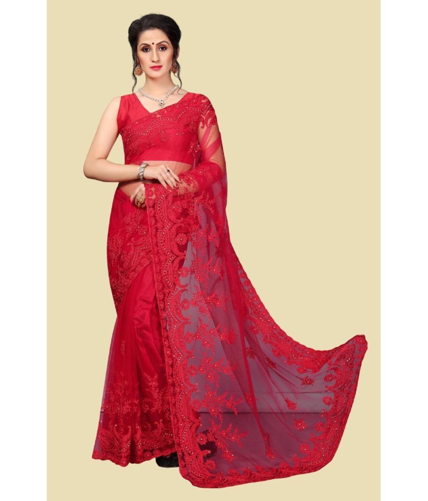     			JULEE Net Embroidered Saree With Blouse Piece - Red ( Pack of 1 )