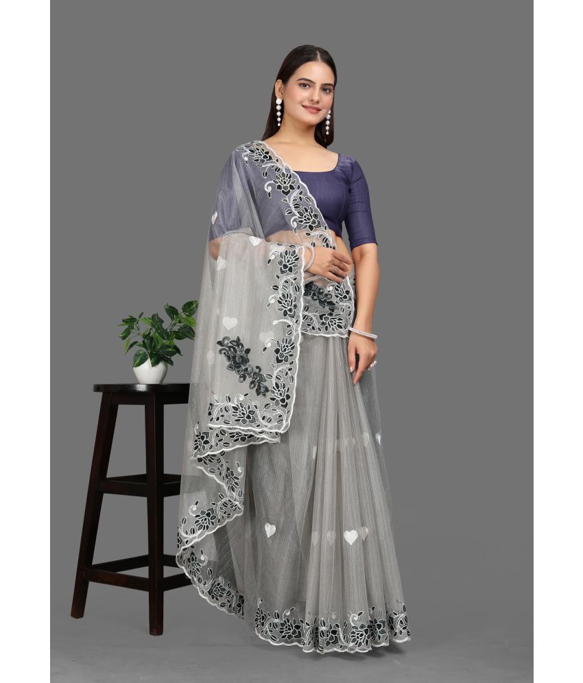     			JULEE Net Embroidered Saree With Blouse Piece - Grey ( Pack of 1 )