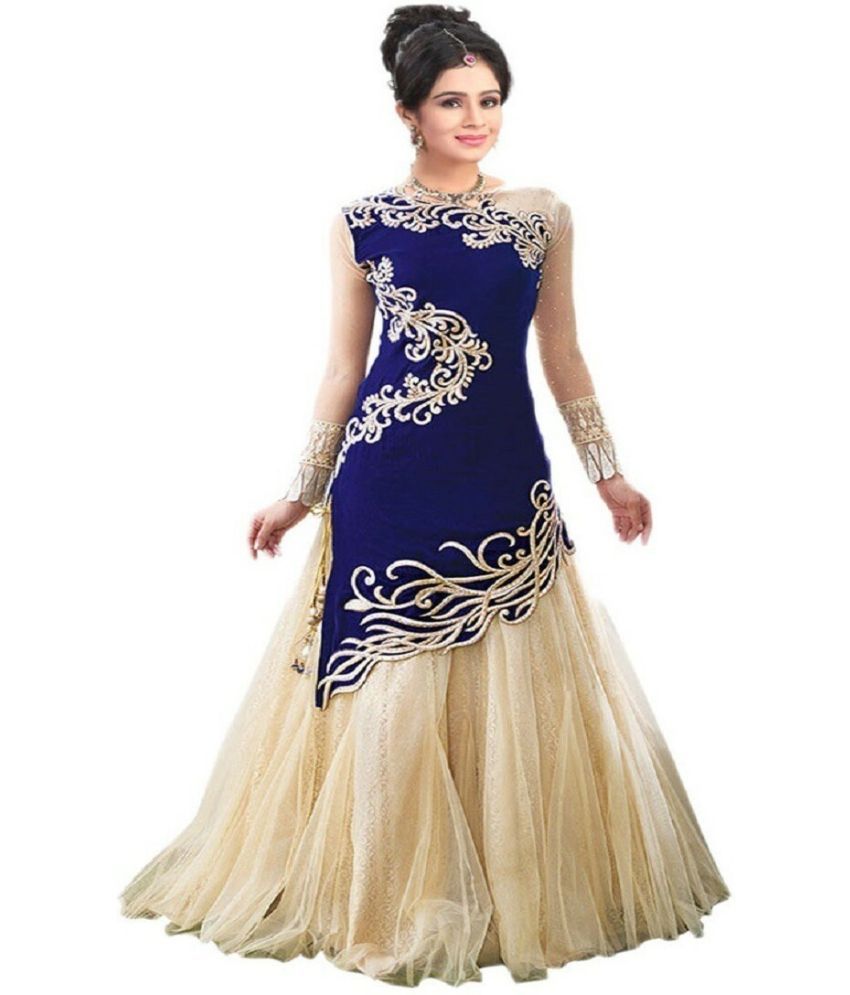     			Trijal Fab Blue Net Fish Cut Semi Stitched Lehenga