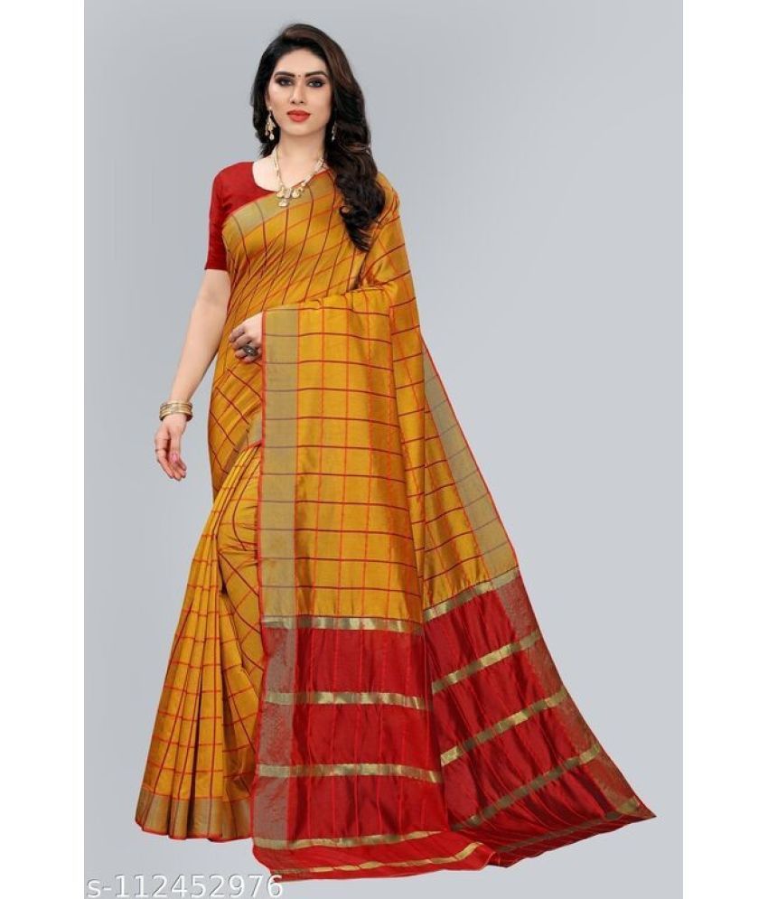     			Vkaran Cotton Silk Colorblock Saree With Blouse Piece - Yellow ( Pack of 1 )