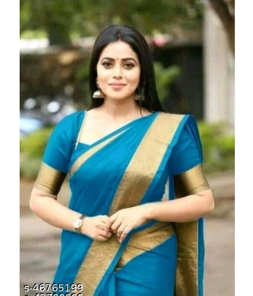     			Vkaran Cotton Silk Solid Saree Without Blouse Piece - Turquoise ( Pack of 1 )