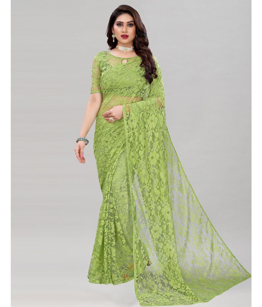     			Vkaran Net Cut Outs Saree Without Blouse Piece - Lime Green ( Pack of 1 )