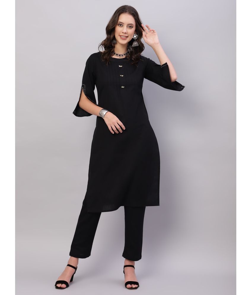     			Flamboyant Cotton Solid Kurti With Pants Women's Stitched Salwar Suit - Black ( Pack of 1 )