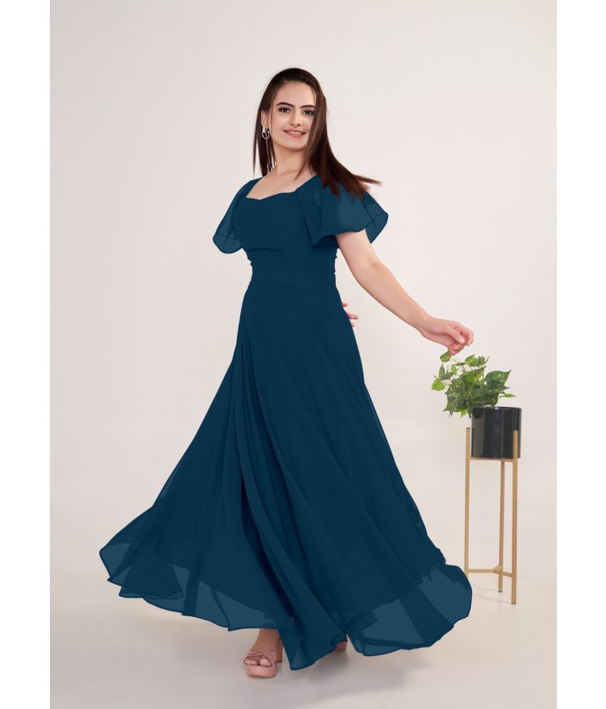     			Krunal Raiyani Georgette Solid Full Length Women's Gown - Blue ( Pack of 1 )