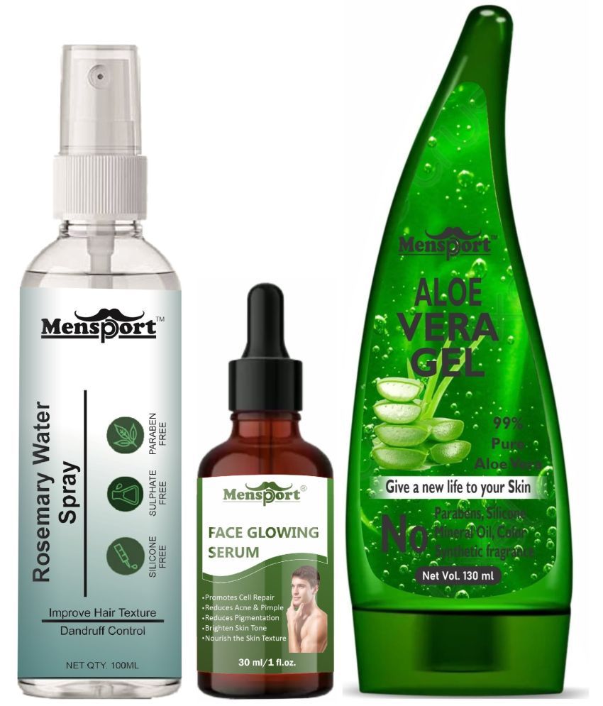     			Mensport Rosemary Water | Hair Spray For Hair Regrowth 100ml, Face Glowing Serum (Nourish the Skin Texture) 30ml & Natural Aloe Vera Gel 130ml - Set of 3 Items