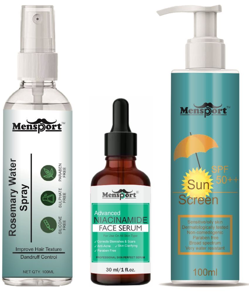     			Mensport Rosemary Water | Hair Spray For Hair Regrowth 100ml, Advanced Niacinamide Face Serum (Correct Blemishes & Scar) 30ml & Sunscreen Cream with SPF 50++ 100ml - Set of 3 Items