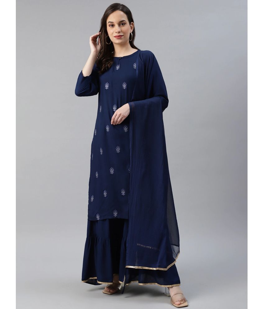    			Vaamsi Cotton Embroidered Kurti With Sharara And Gharara Women's Stitched Salwar Suit - Navy Blue ( Pack of 1 )