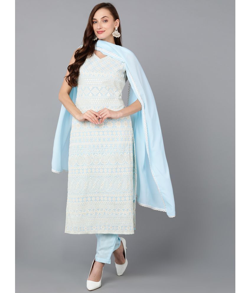     			Vaamsi Georgette Embroidered Kurti With Pants Women's Stitched Salwar Suit - Blue ( Pack of 1 )