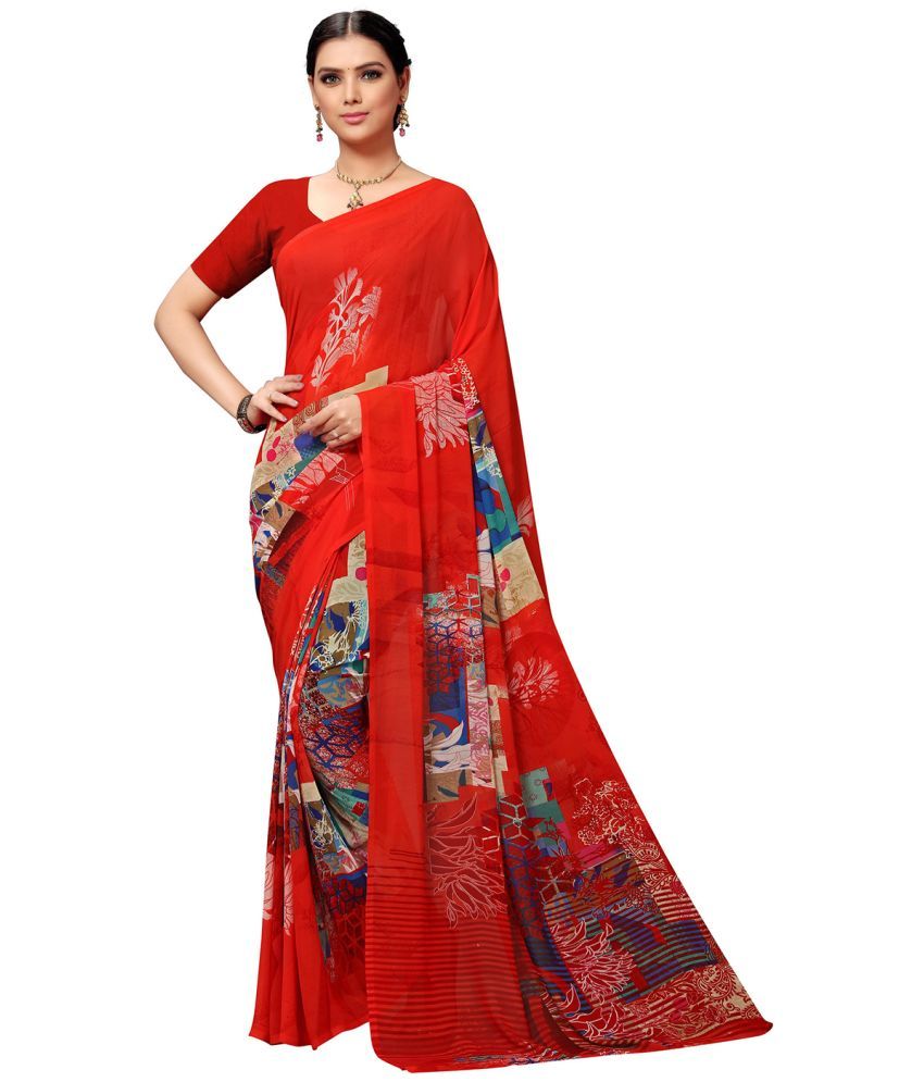     			Vaamsi Georgette Printed Saree With Blouse Piece - Red ( Pack of 1 )