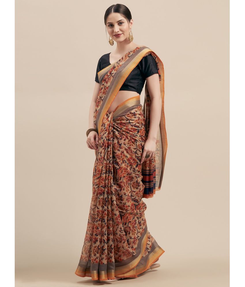     			Vaamsi Linen Printed Saree With Blouse Piece - Beige ( Pack of 1 )