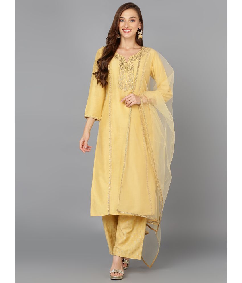     			Vaamsi Silk Blend Embroidered Kurti With Palazzo Women's Stitched Salwar Suit - Yellow ( Pack of 1 )