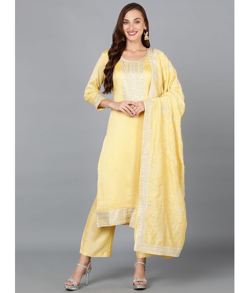     			Vaamsi Silk Blend Embroidered Kurti With Pants Women's Stitched Salwar Suit - Yellow ( Pack of 1 )