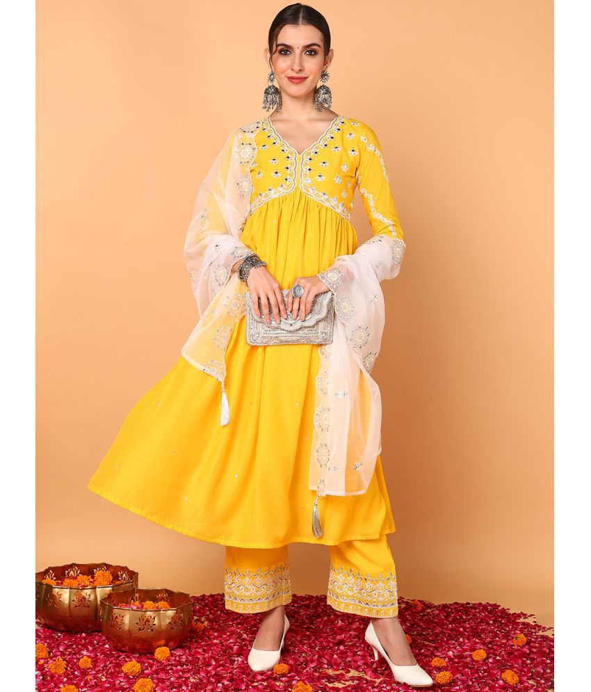     			Vaamsi Silk Blend Embroidered Kurti With Pants Women's Stitched Salwar Suit - Yellow ( Pack of 1 )