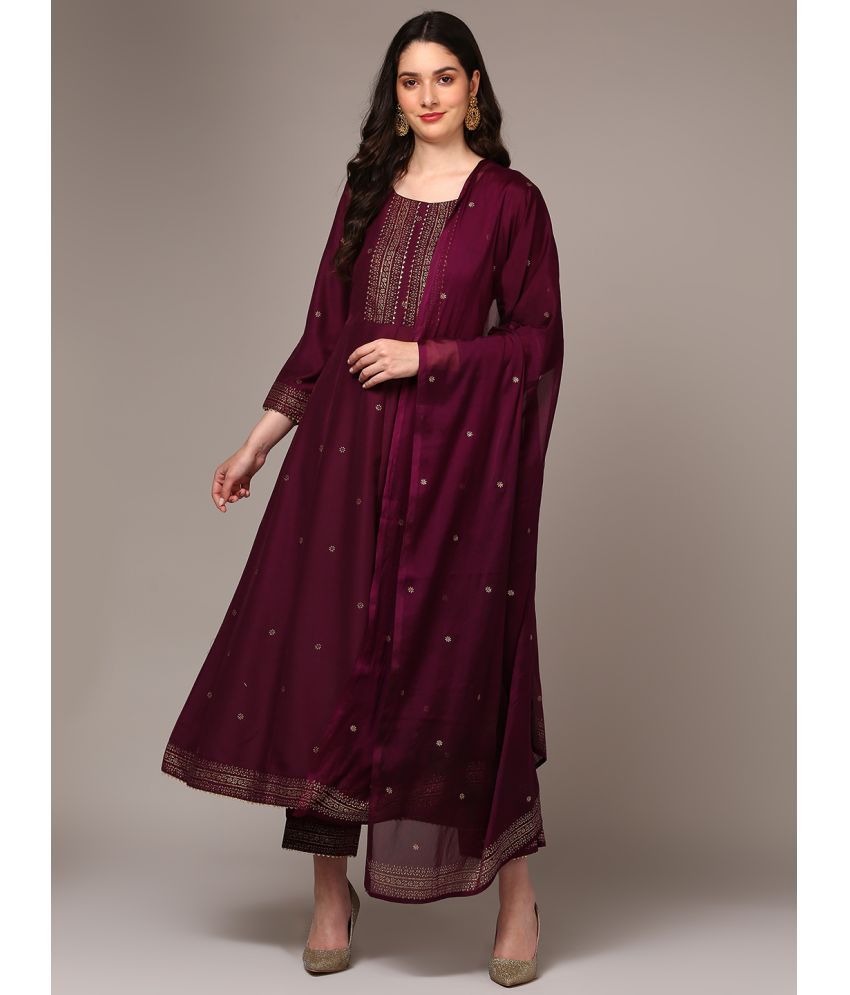     			Vaamsi Silk Blend Printed Kurti With Pants Women's Stitched Salwar Suit - Burgundy ( Pack of 1 )