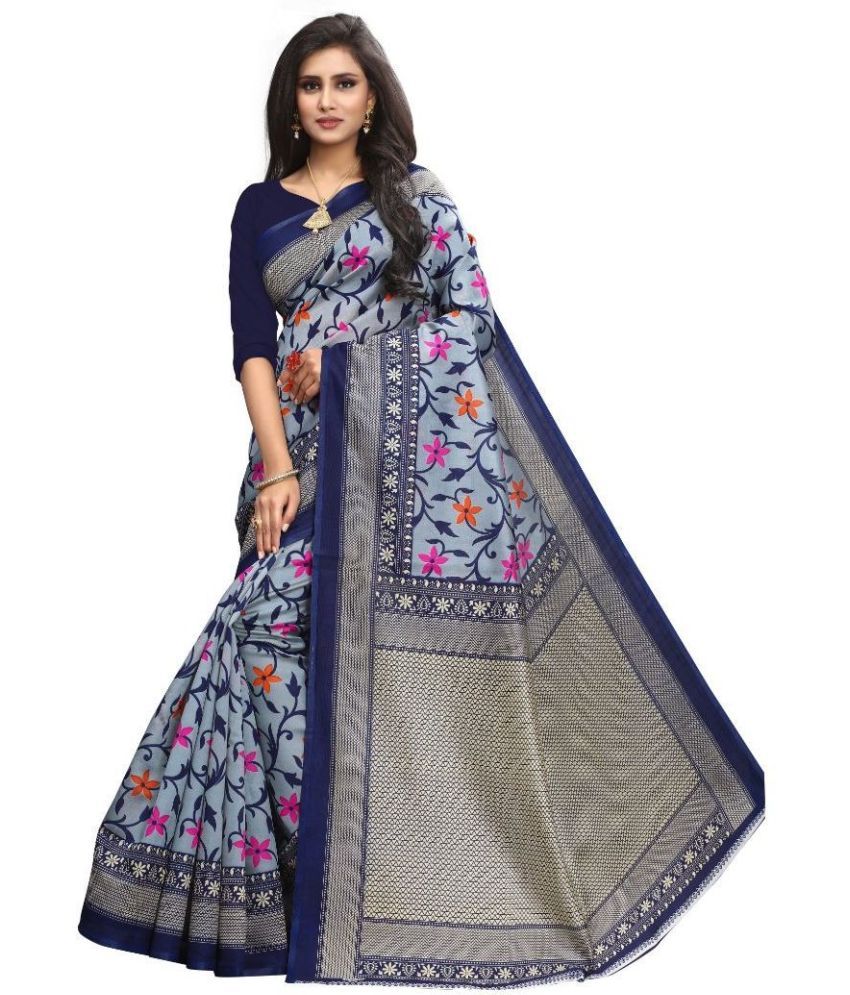     			Vkaran Cotton Silk Printed Saree Without Blouse Piece - Blue ( Pack of 1 )