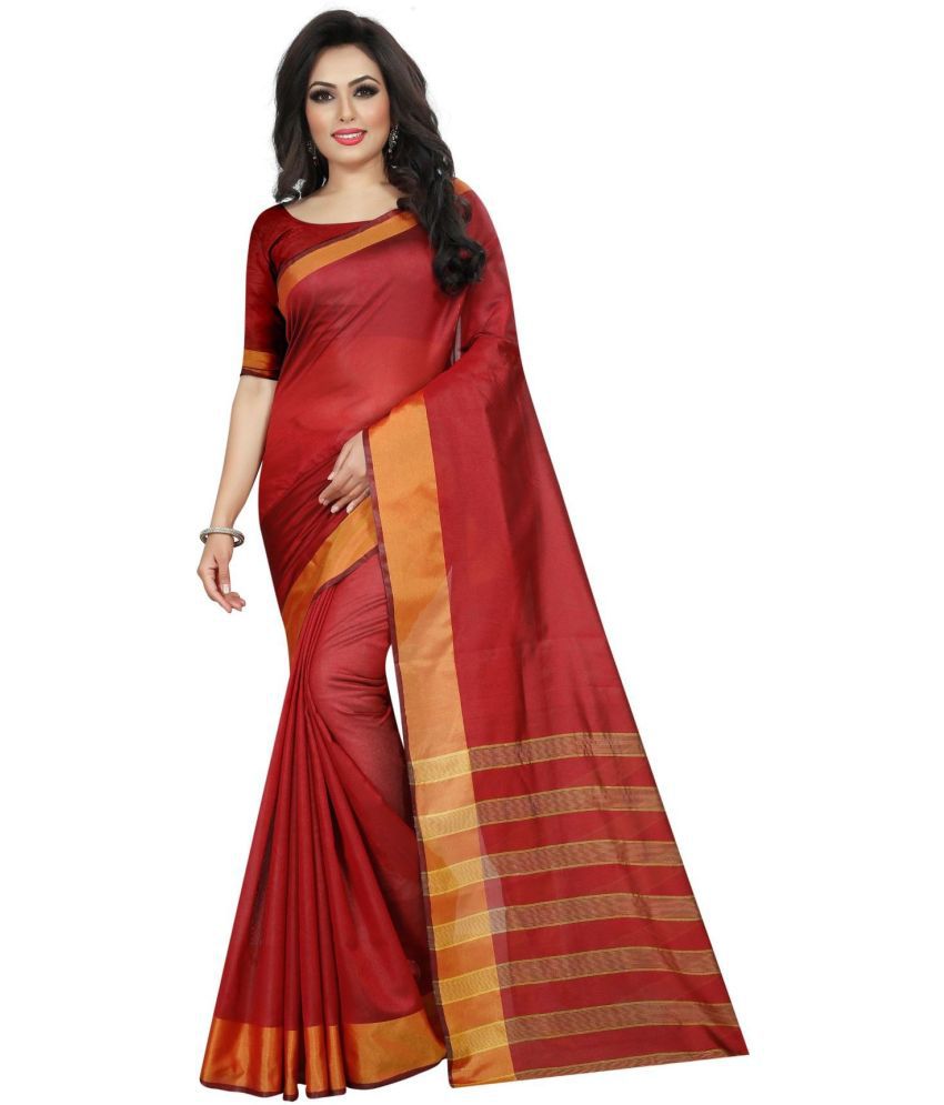     			Vkaran Cotton Silk Woven Saree Without Blouse Piece - Maroon ( Pack of 1 )