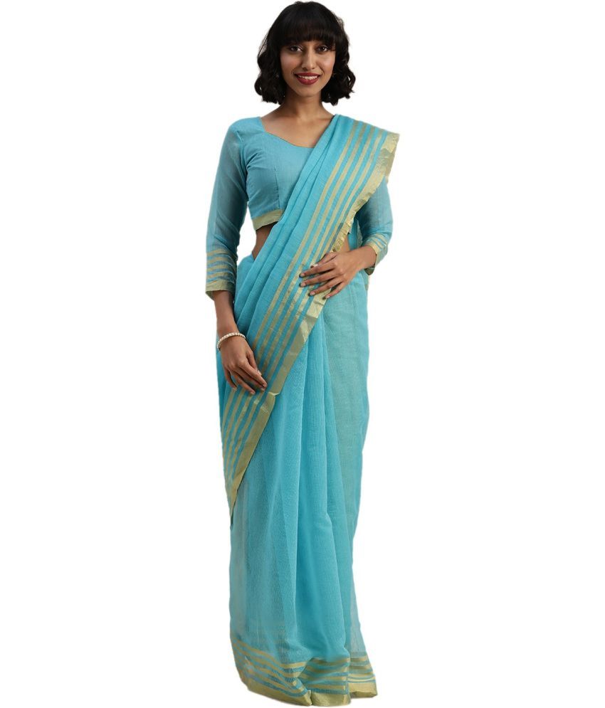     			Vkaran Cotton Silk Woven Saree Without Blouse Piece - Light Blue ( Pack of 1 )