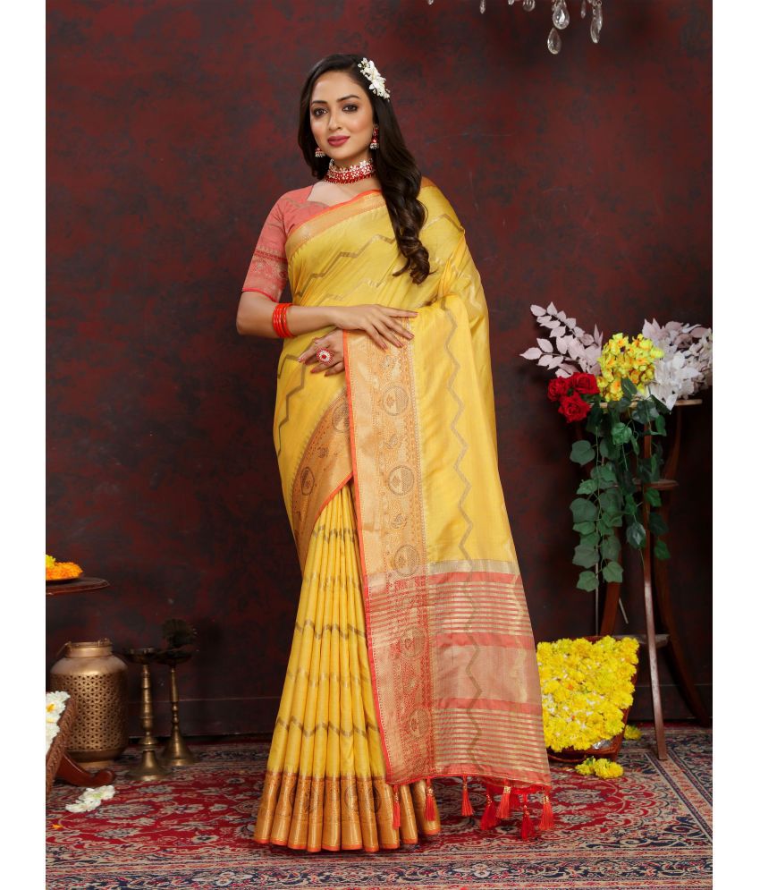    			ofline selection Silk Blend Woven Saree With Blouse Piece - Yellow ( Pack of 1 )