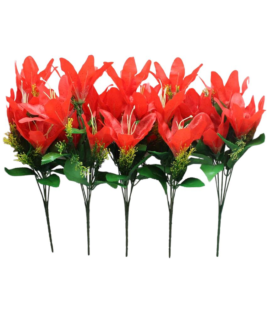     			Hidooa - Red Lily Artificial Flowers Bunch ( Pack of 5 )