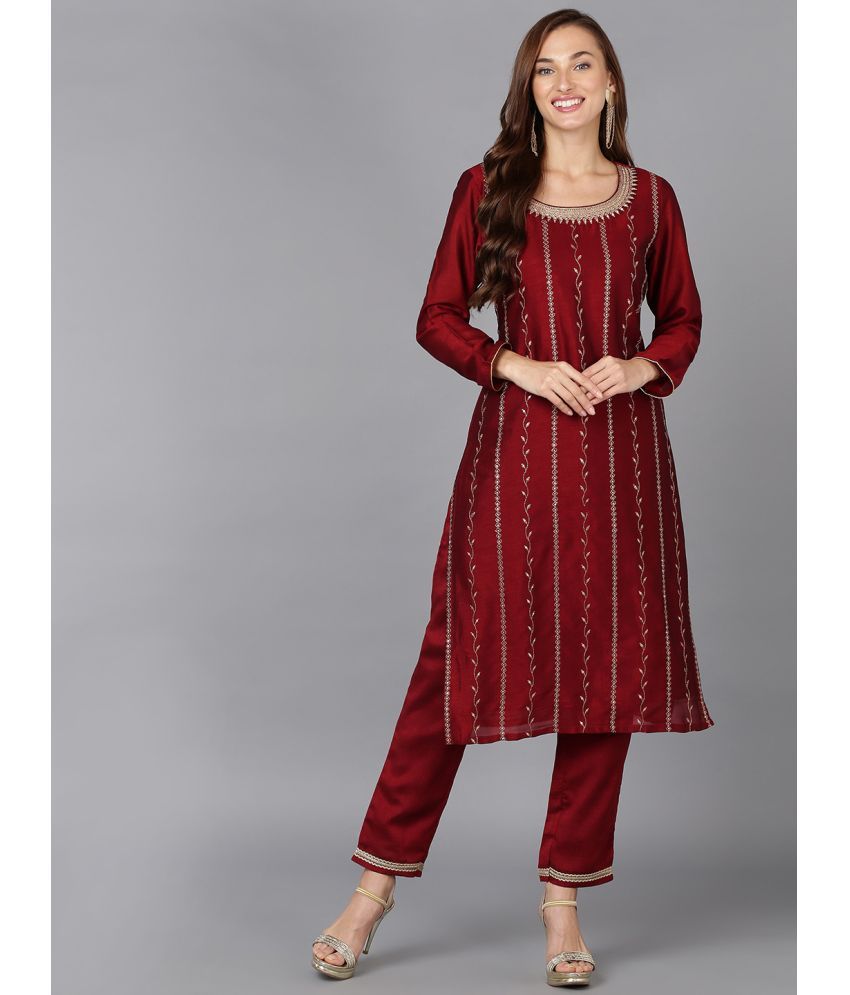     			Vaamsi Silk Blend Embroidered Straight Women's Kurti - Maroon ( Pack of 1 )