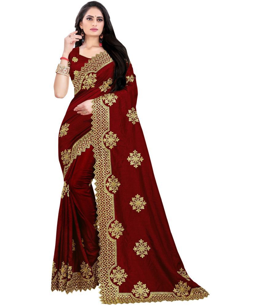     			kedar fab Silk Blend Embroidered Saree With Blouse Piece - Maroon ( Pack of 1 )