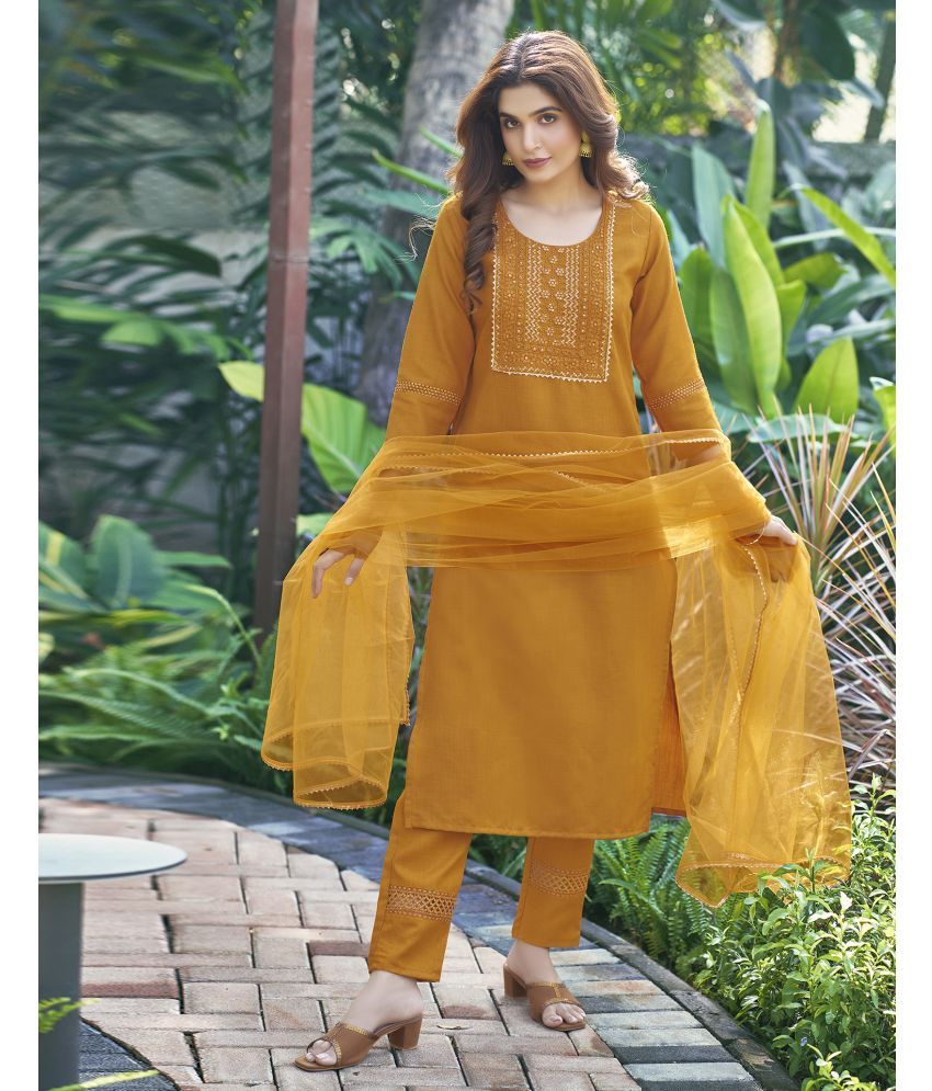     			Skylee Chiffon Embroidered Kurti With Pants Women's Stitched Salwar Suit - Yellow ( Pack of 1 )