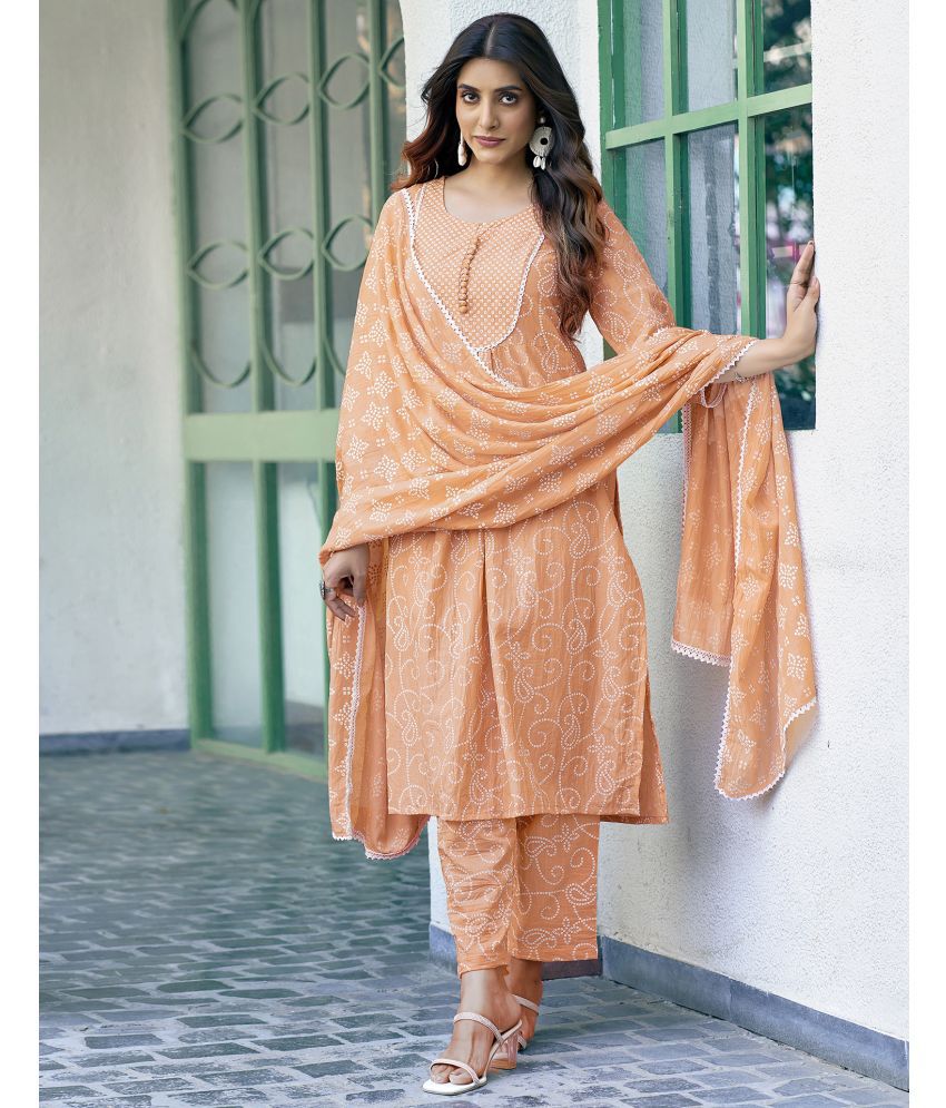     			Skylee Chiffon Printed Kurti With Pants Women's Stitched Salwar Suit - Orange ( Pack of 1 )