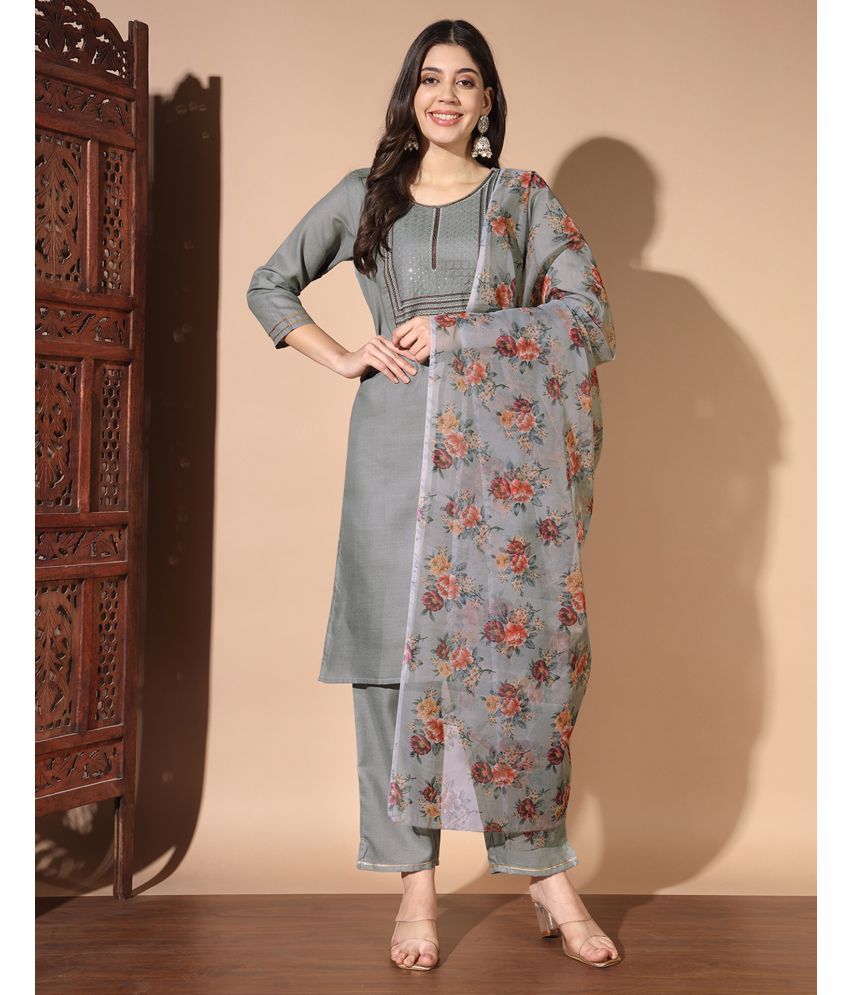     			Skylee Cotton Blend Embroidered Kurti With Pants Women's Stitched Salwar Suit - Light Grey ( Pack of 1 )