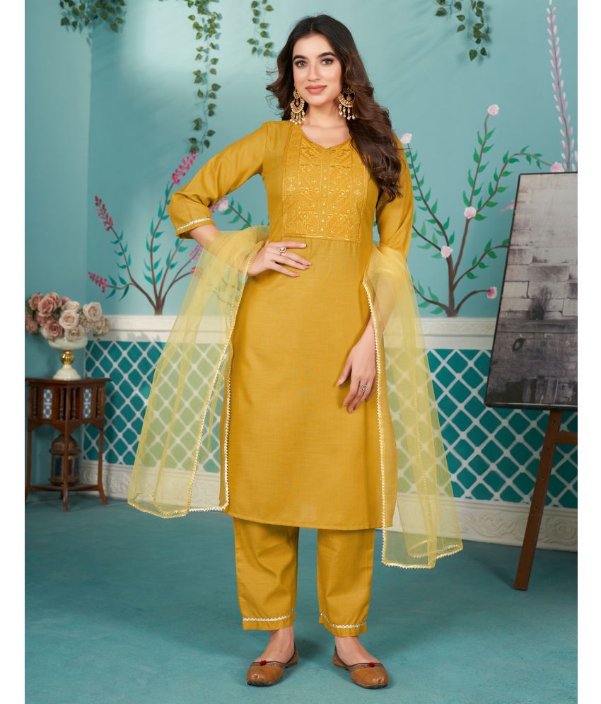     			Skylee Cotton Blend Embroidered Kurti With Pants Women's Stitched Salwar Suit - Mustard ( Pack of 1 )