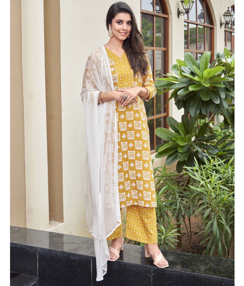     			Skylee Cotton Printed Kurti With Pants Women's Stitched Salwar Suit - Yellow ( Pack of 1 )