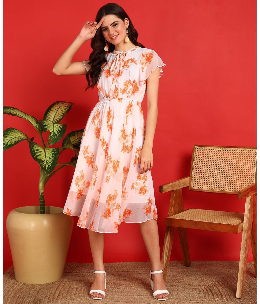     			Hiva Trendz Georgette Printed Knee Length Women's Fit & Flare Dress - Orange ( Pack of 1 )