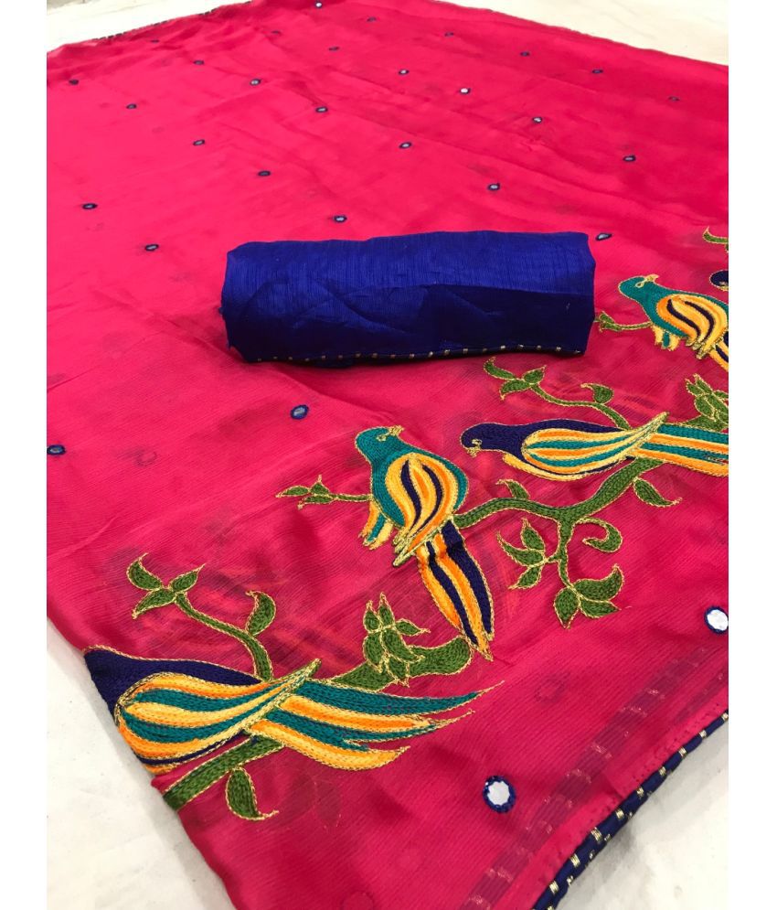     			Poshvariety Silk Blend Self Design Saree With Blouse Piece - Rani ( Pack of 1 )