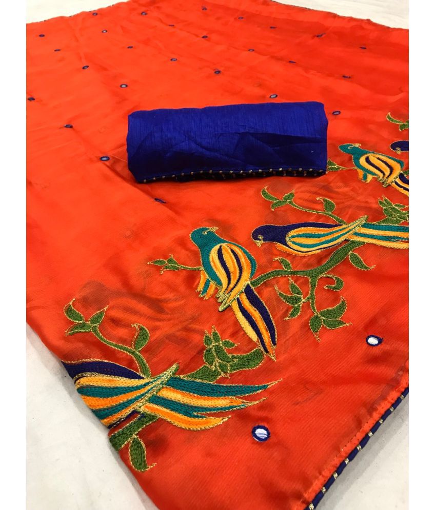     			Poshvariety Silk Blend Self Design Saree With Blouse Piece - Orange ( Pack of 1 )