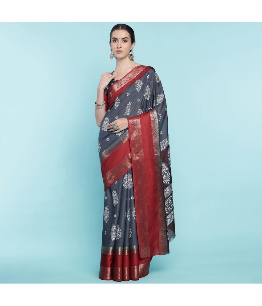     			Rekha Maniyar Fashions Silk Blend Printed Saree With Blouse Piece - Grey ( Pack of 1 )