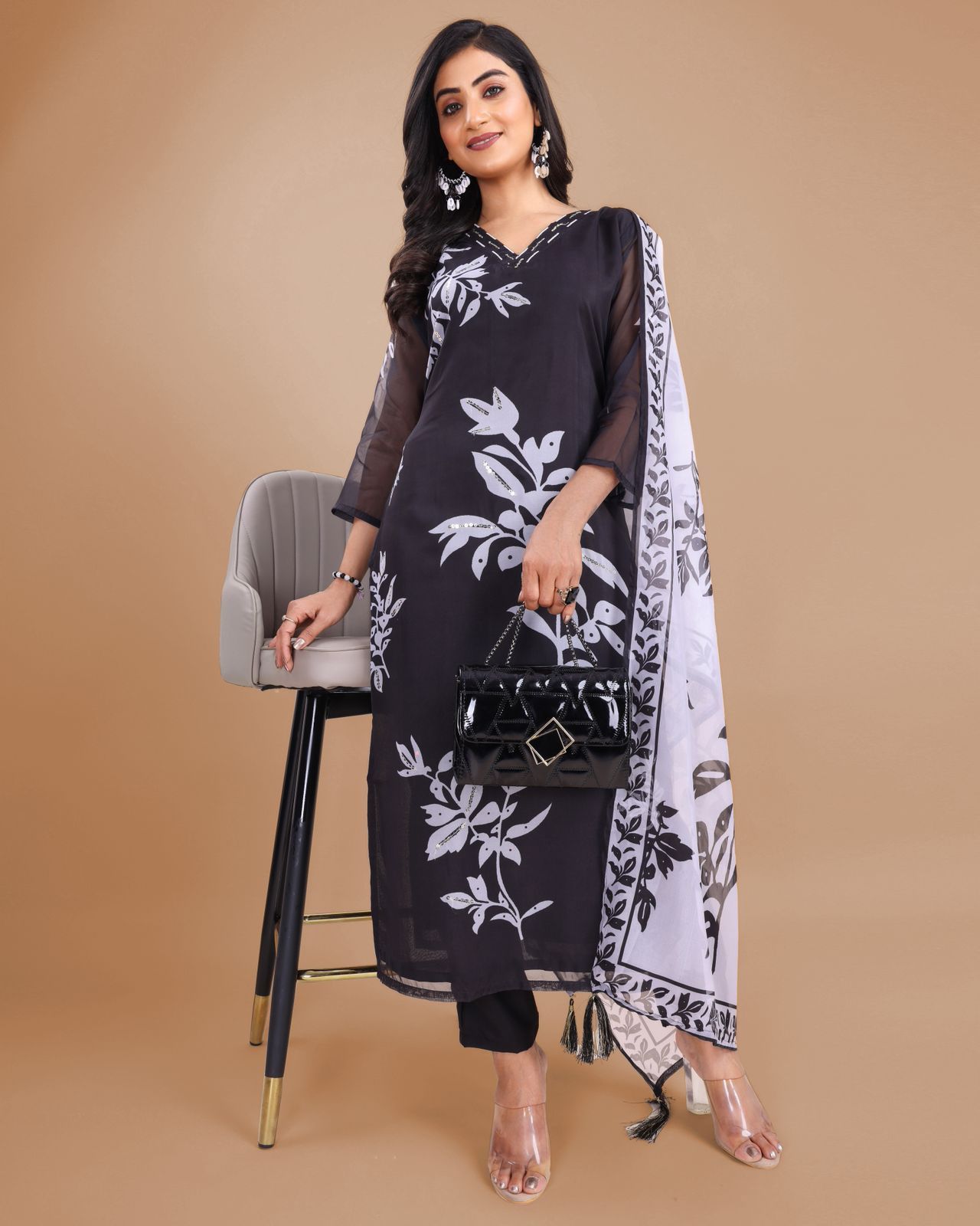     			SAREEKART FAB Organza Printed Kurti With Pants Women's Stitched Salwar Suit - Black ( Pack of 1 )