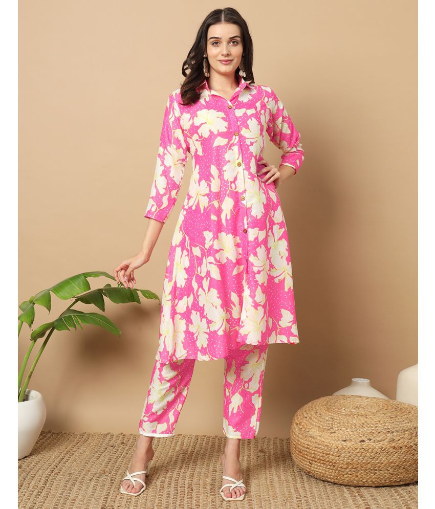     			Skylee Cotton Silk Printed Kurti With Pants Women's Stitched Salwar Suit - Pink ( Pack of 1 )