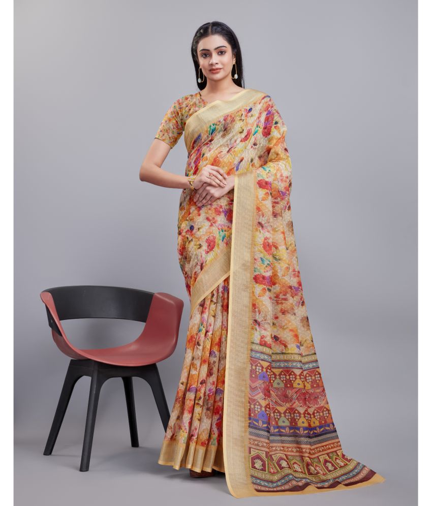     			Aadvik Linen Printed Saree With Blouse Piece - Orange ( Pack of 1 )