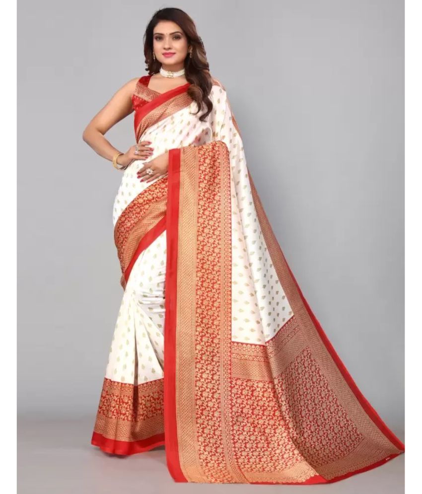     			Aadvika Art Silk Printed Saree With Blouse Piece - White ( Pack of 1 )