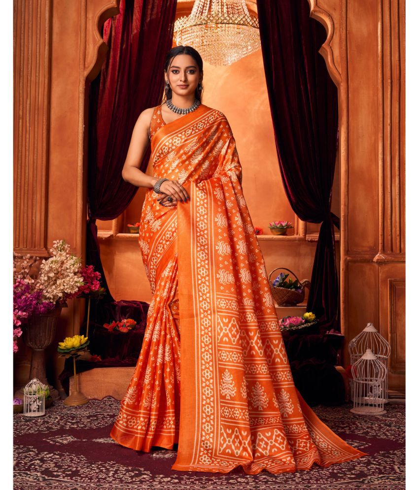     			Aadvika Art Silk Printed Saree With Blouse Piece - Orange ( Pack of 1 )